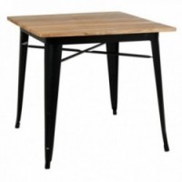Square industrial table in black metal and oiled elm wood