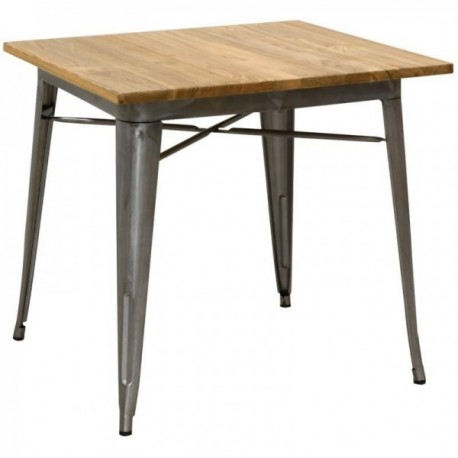 Industrial table in brushed steel and oiled elm wood