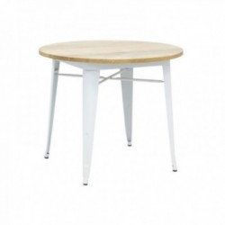Table industrielle ronde en métal blanc et bois d'orme huilé