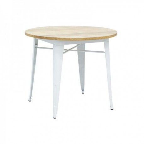 Runder industrieller Tisch aus weißem Metall und geöltem Ulmenholz