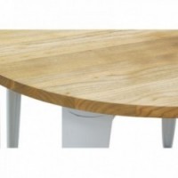 Runder industrieller Tisch aus weißem Metall und geöltem Ulmenholz
