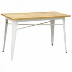 Table industrielle en métal blanc avec plateau en bois d'orme huilé