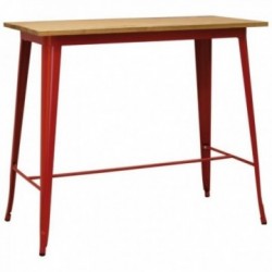 Högt bord i röd metall och oljat almträ