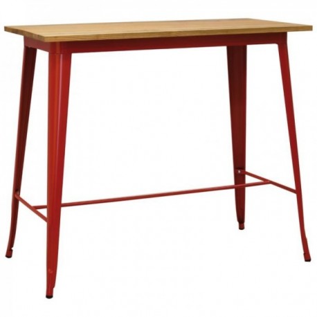 High table in red metal and oiled elm wood