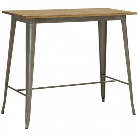 Table haute en acier brossé et bois d'orme huilé