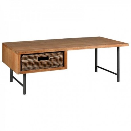 Coffee table in wood, metal and rattan 1 drawer