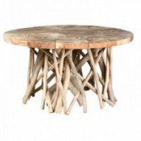 Puzzle mesa redonda en madera de teca con patas de raíz