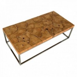 Puzzle rectangular coffee table in natural teak wood with stainless steel legs