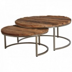Tavolini rotondi ad incastro in legno massello e acciaio
