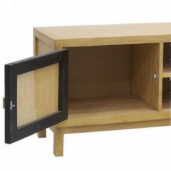 Meuble TV 2 portes et une étagère en bois et cannage