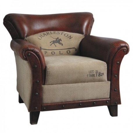 Living room armchair in cotton and buffalo leather