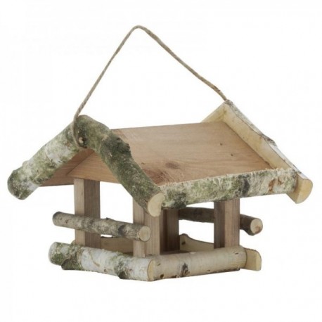 Hanging wooden bird feeder with plantable roof