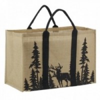 Plastic-coated jute log bag, fir trees and black deer