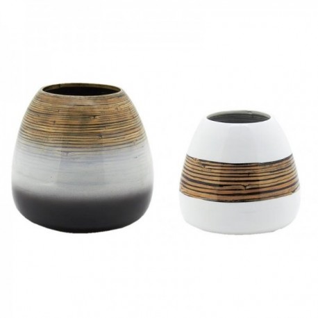 Natural and white bamboo vases - Set of 2