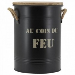 Tabouret et Seau à Pellets en Métal Noir "Au Coin du Feu" : Rangement Granulés Design & Assise d'Appoint Poêle à Bois