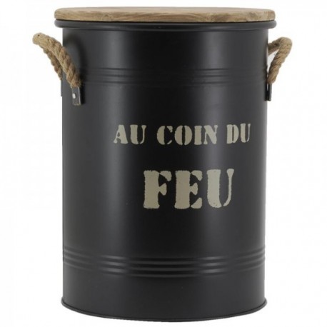 Stool and pellet bucket in black metal "Au coin du feu"