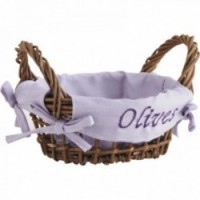 Basket with two handles in raw wicker with embroidered cotton lining