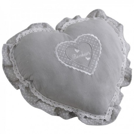 Gray cotton and linen heart-shaped cushion