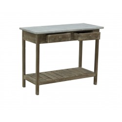 Table console en bois plateau zinc 2 tiroirs