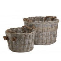 Set of 2 gray rattan baskets with two rope handles