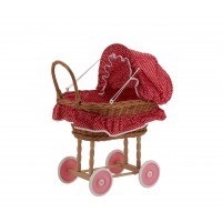 Red and white polka dot wicker doll's cradle