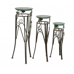 Set of 3 Metal Sellettes with Round Glass Trays, Stylish Plant Media and Interior Decoration