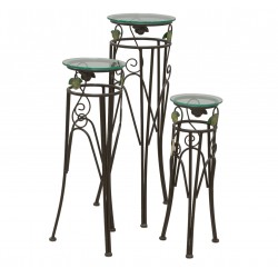 Set of 3 Metal Sellettes with Round Glass Trays, Stylish Plant Media and Interior Decoration