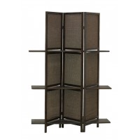 Paravent en bois teinté avec étagères, séparateur de pièce 3 panneaux design avec rangements intégrés