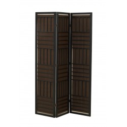 Bildschirm 3 schwarze Holzplatten und brauner Stoff, eleganter und modularer Raumabscheider