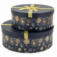 Set of 2 Round Cardboard Favor Boxes with Bow Print Firework Print