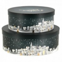 Set di 2 scatole Round cartboard Charthboard Village di Natale: scatole di stoccaggio e confezione festosa decorativa