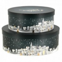 Set of 2 round Christmas village cardboard gift boxes