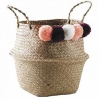 Ball basket in natural rush with pompoms