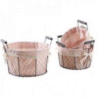 Set of 3 round metal and cotton baskets