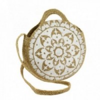 Sac rond en jute naturelle et teintée motif mandala blanc