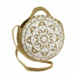 Ronde tas van natuurlijke en geverfde jute met wit mandala-patroon