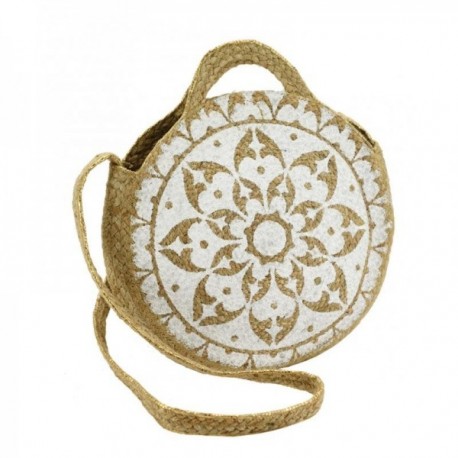 Sac rond en jute naturelle et teintée motif mandala blanc