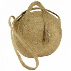 Bolso redondo en yute natural y teñido con estampado de mandala blanco