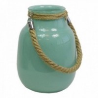 Opaque turquoise tinted glass vase with rope