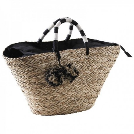 Natural rush basket and dyed rope with pompoms