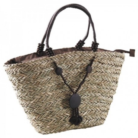 Natural rush tote bag with wooden necklace