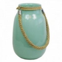 Opaque turquoise tinted glass vase with rope