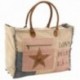 Peace & Love printed cotton handbag, leather star handles, front pocket