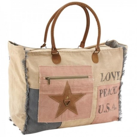 Borsa in cotone stampato Peace & Love, maniglie in pelle, tasca frontale