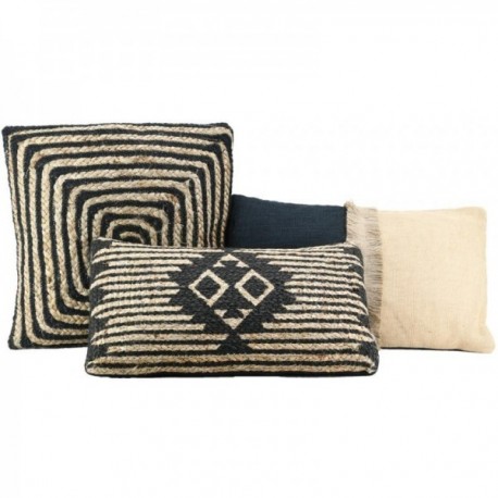 Set of 3 black cotton and jute cushions