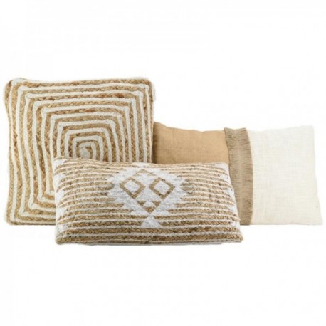 Lot de 3 coussins en jute et coton blanc