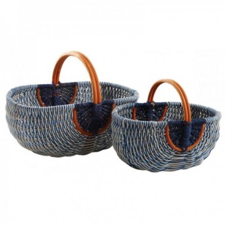 Set of 2 market baskets in natural and blue rattan