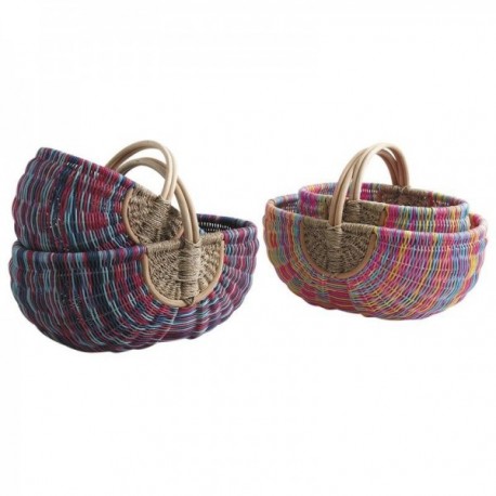 Set of 2 baskets in tinted rattan and multicolored seagrass