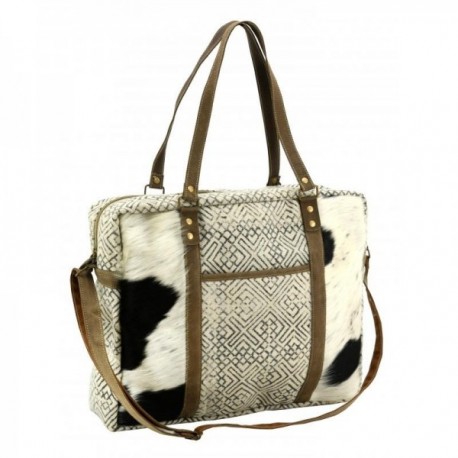 Satchel bag in cotton and cowhide