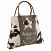 Rindslederhandtasche und Baumwolle | Vintage-Tasche mit echten Ledergriffe und Stern gedruckt